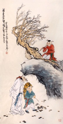 QA南海禅寺 妙林居士 四尺人物国画《稚童箫声雅》