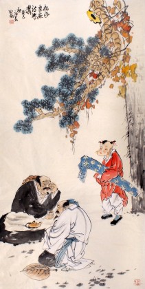 QA南海禅寺 妙林居士 四尺人物国画《杯酒桑麻诗兴浓》