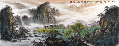 张慧仁小六尺山水画《山村晓雾》