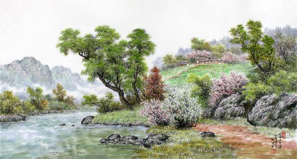 朝鲜一级艺术家蔡京华作品《水畔的春天》
