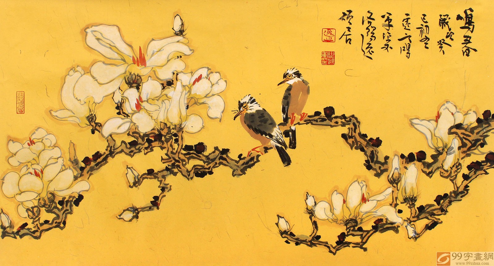 河南著名画家曲逸之三尺玉兰雀鸟《鸣春》 - 花鸟画- 99字画网