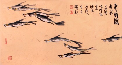 QA河南著名画家曲逸之三尺九鱼图《年年有余》