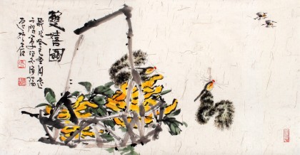 QA河南著名画家曲逸之三尺松鼠国画《双嬉图》