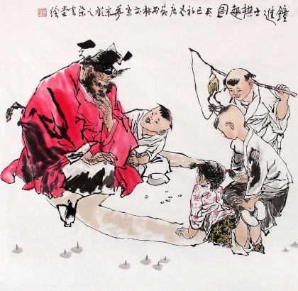 青崖 钟馗 水墨画 掛軸 011 董书林四尺斗方钟馗人物《钟进士棋趣图》 - 关公/寿星- 99字画网