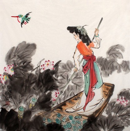 董书林四尺斗方荷花仕女《采莲图》