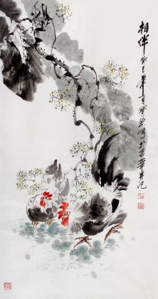 QA国家一级美术师王宝钦三尺芭蕉雄鸡图《相伴》(询价)