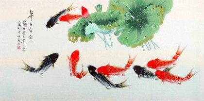【已售】北京美协凌雪四尺荷花九鱼图《年年有余》