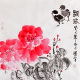 【已售】李胜春三尺斗方牡丹小鸡《相依》