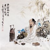 【已售】李胜春四尺斗方水墨人物画《一盏新茶一卷诗》