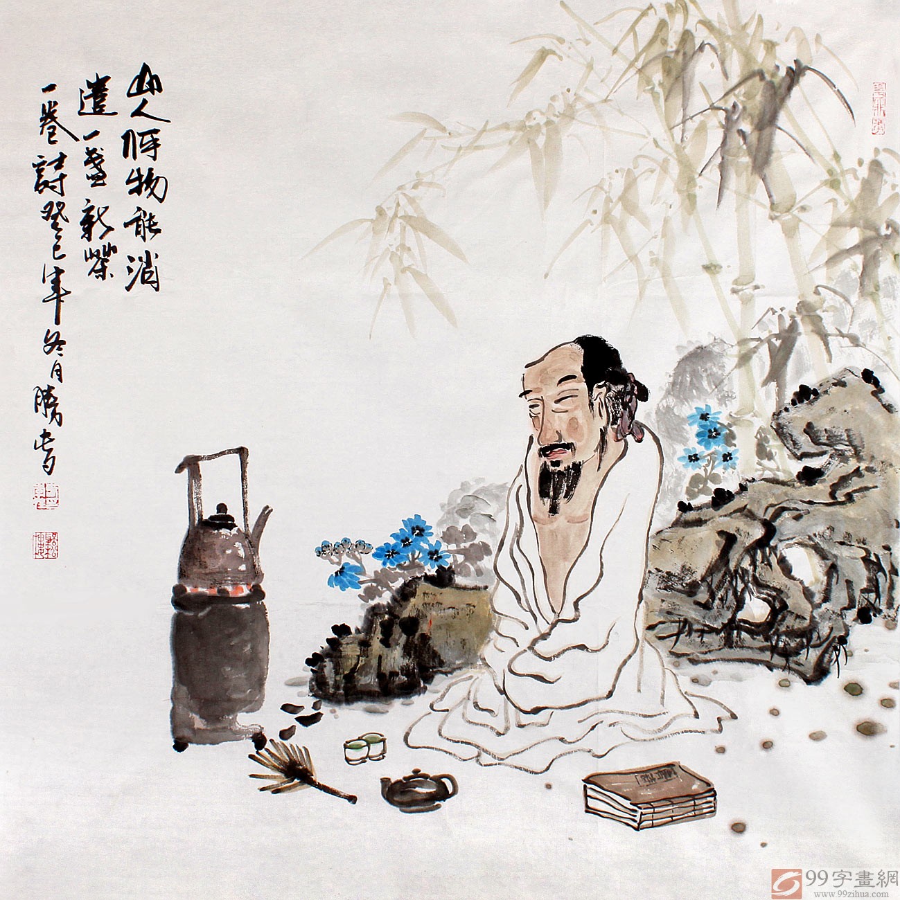 李胜春四尺斗方水墨人物画《一盏新茶一卷诗》 - 古代人物