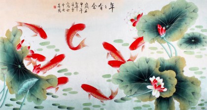 【已售】北京美协凌雪六尺九鱼荷花《年年有余》