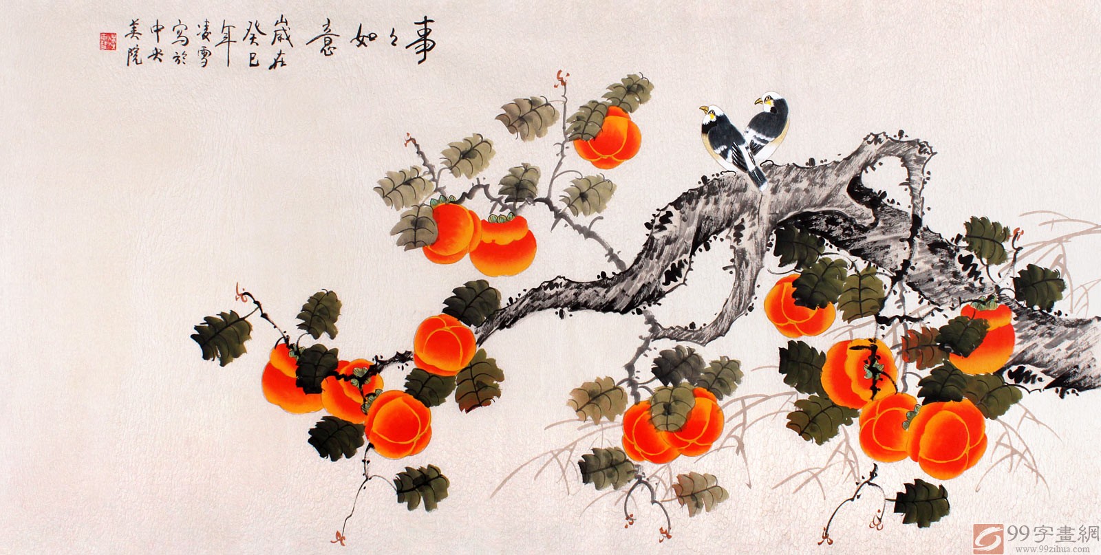 中国古美術☆純手描き四尺竖幅・柿柿如意画芯☆