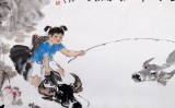QA中美协会员 画坛名家王向阳四尺水墨荷花《牧童戏牛图》