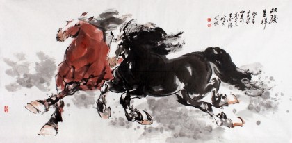 【已售】中美协会员 画坛名家王向阳四尺奔马图《双骏呈祥》