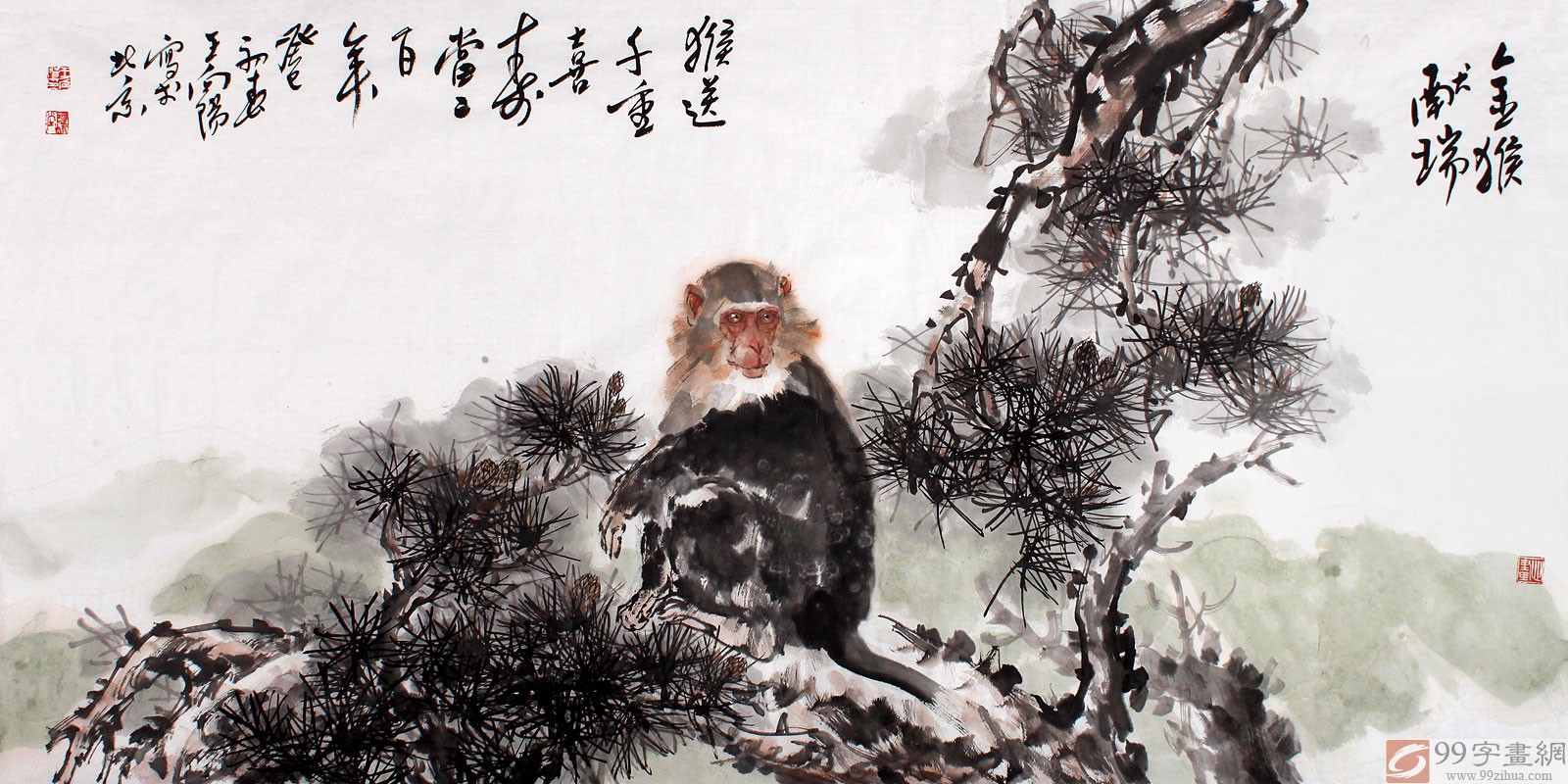 qa河南美协王向阳四尺国画猴金猴献瑞