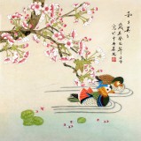 【已售】北京美协凌雪四尺斗方桃花鸳鸯《和和美美》