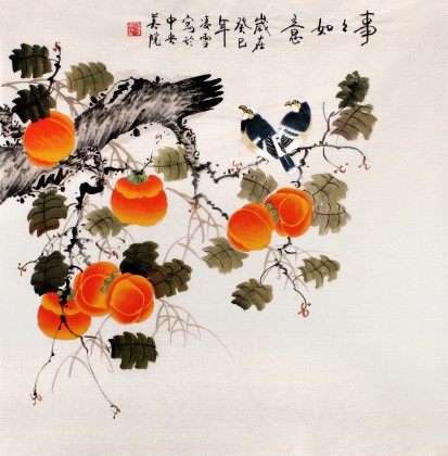 中国古美術★純手描き四尺竖幅・柿柿如意画芯★水彩画・斉白石印款・肉筆・宣紙・文房 中国古美術☆純手描き四尺竖幅・柿柿如意画芯☆水彩画・斉白石印