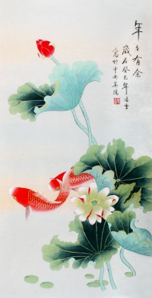 【已售】北京美协凌雪三尺荷花双鱼图《年年有余》
