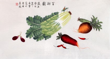 【已售】北京美协凌雪三尺风水吉利果蔬画《百财图》