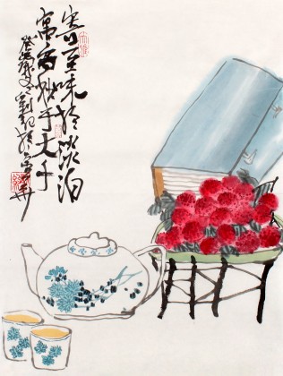 【已售】刘纪小尺寸菊花国画品茶图《寄至味于淡泊》