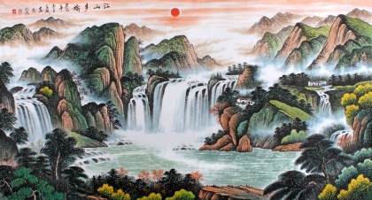 宁良成六尺聚宝盆山水画《江山多娇》