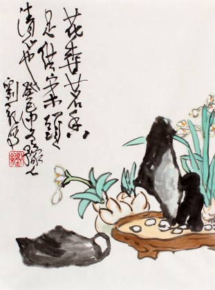 【已售】刘纪小尺寸茶室挂画《花香茗香足》