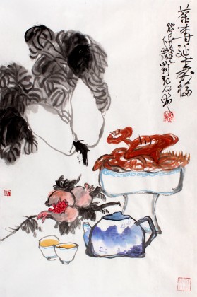 【已售】刘纪 四尺三开白菜国画《茶香延寿福》 河南著名老画家