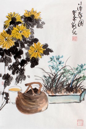 【已售】刘纪四尺三开兰菊国画《清香图》