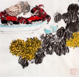 刘纪 四尺三开菊蟹图《共度重阳节》 中国画大家 真迹收藏