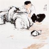 QA陈漫之四尺斗方人物画《赏鱼图》（询价）