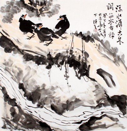 QA陈漫之四尺斗方花鸟画《流水潺潺古木间》（询价）