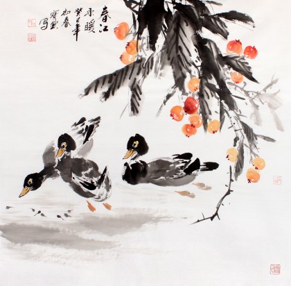 中国書画家劉湘（1963～2020年）氏作花鳥図『春意濃』図 肉筆真作保証表装前 中国書画家劉湘（1963～2020年）氏作花鳥図『春意濃』図 肉筆真