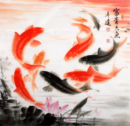 中国画院周升达四尺斗方九鱼图《富贵久鱼》