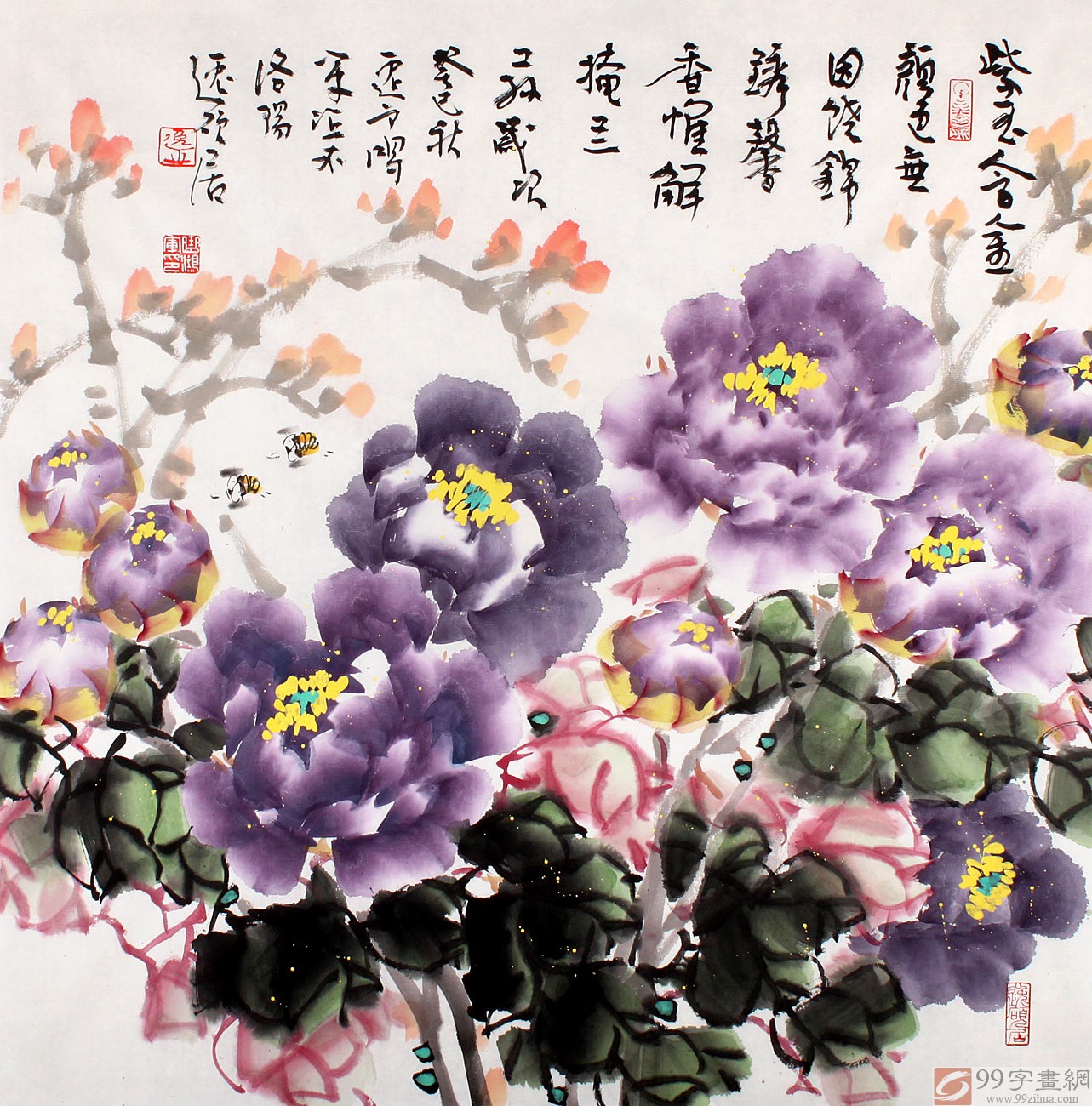 河南著名画家曲逸之四尺斗方紫牡丹《紫玉含金》 - 牡丹画 - 99字画网