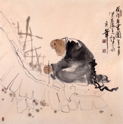 QA河北美协郭廷四尺斗方芭蕉人物《蕉荫著书图》（询价）