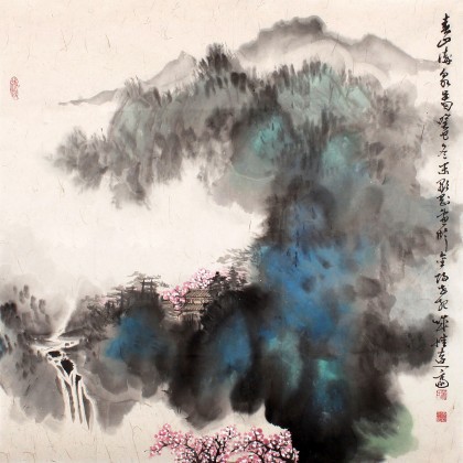 贵州七星关美协主席吴显刚四尺斗方泼彩《春山流泉图》