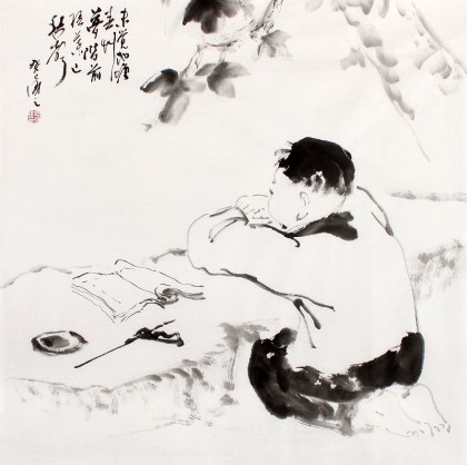 【已售】陈漫之四尺斗方水墨人物画《阶前梧叶已秋声》（询价）