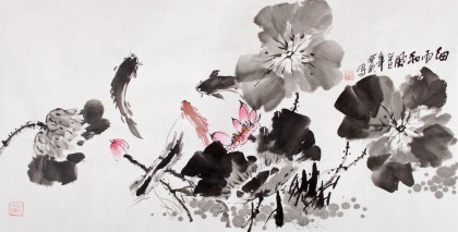 国家一级美术师王宝钦三尺水墨荷花《细雨和风》