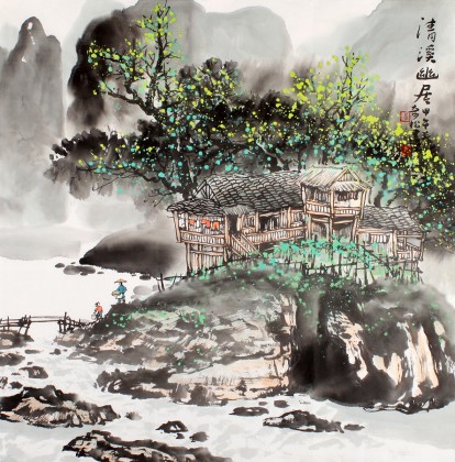 【已售】民盟美协理事黄奇松四尺斗方《清溪幽居》