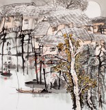 【已售】民盟美协理事黄奇松四尺斗方《秋江夜泊》