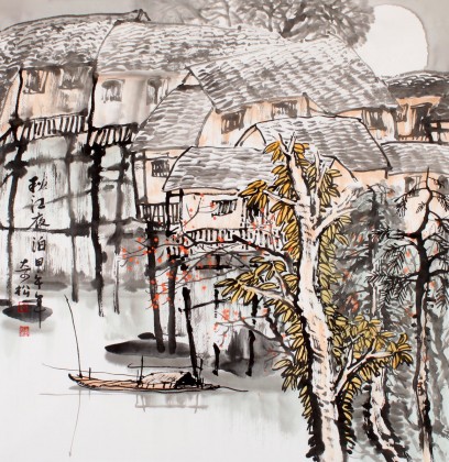 【已售】民盟美协理事黄奇松四尺斗方《秋江夜泊》