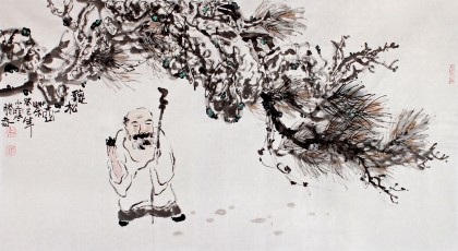 gp李胜春三尺古松人物画《听松一壶茶》