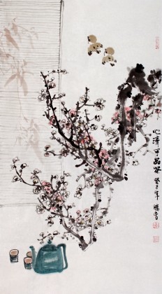 李胜春三尺梅花国画品茶图《心清可品茶》