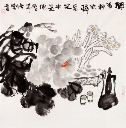 SK李胜春三尺斗方墨牡丹《闻香神欲醉》