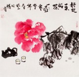 【已售】李胜春三尺斗方牡丹画《好花一朵好茶一壶》