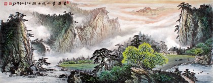 张慧仁小六尺彩墨山水画《家住青山绿水间》