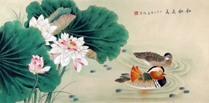 著名工笔画家赵逸梅三尺荷花鸳鸯《和和美美》