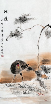安徽美协何华贤三尺花鸟画《池边》