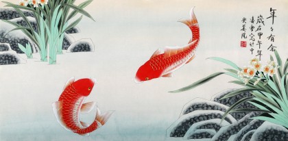 北京美协凌雪三尺双鱼图《年年有余》