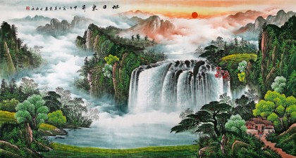 【已售】吴东六尺聚宝盆山水画《旭日东升》